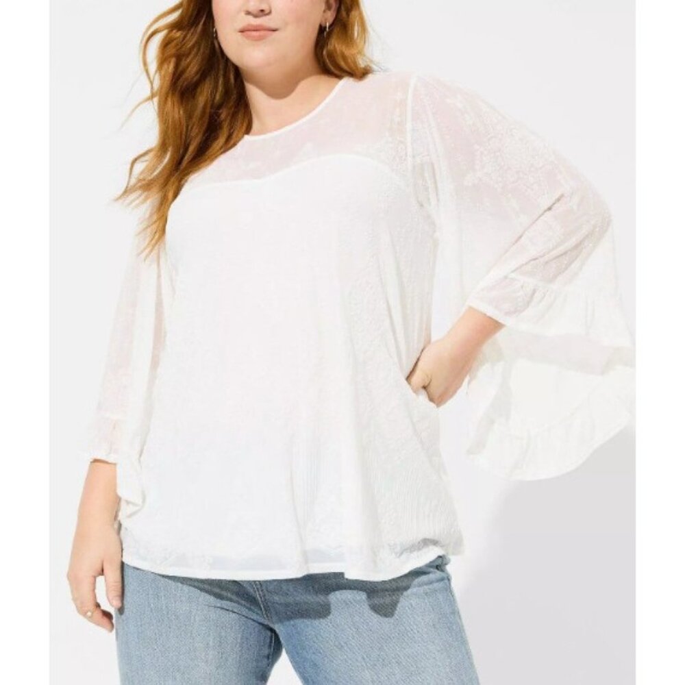 NEW Torrid Flocked Mesh Crew Neck Sheer Bell Sleeve Swing Top Blouse White 0 (L)